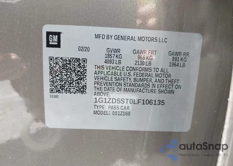 2020 Chevrolet Malibu Fwd Lt z USA, uszkodzony, nr VIN 1G1ZD5ST0LF106135